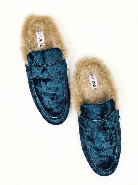 Steve Madden Shoes - Steve Madden Kaden Green Velvet Fur Smoking Flats Loafer Mule - 7.5
